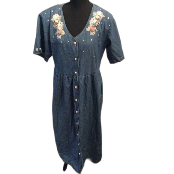 Vintage Cottagecore 80s Soft Denim Dress Pearl Button Front Floral Lace L - Picture 1 of 6